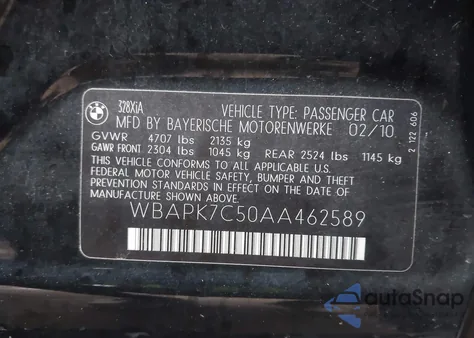 2010 BMW 328I xDrive from USA, damaged, VIN WBAPK7C50AA462589